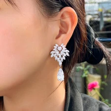 Women Cubic Zircon Teardrop Long Dangle Leaf Drop Wedding Earrings Silver Plated