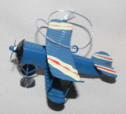 Vintage Metal Biplane Airplane Christmas Ornament Blue Hand Painted 3 ½” x 4” - Picture 9 of 11