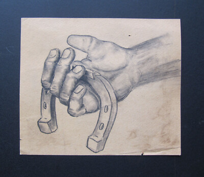 Vintage Outsider Art Pencil Sketch Of Hand Holding A Horseshoe