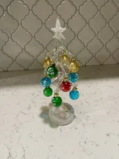 LS Arts Lighted Clear Glass Christmas Tree 9.75” with 12 Multi-Color Ornaments