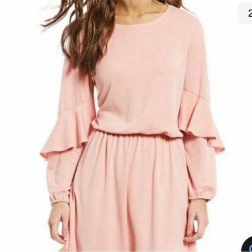 H HALSTON NWT Trapunto Flounce Sleeve Shift Dress Pink Peach Bryant Park Medium