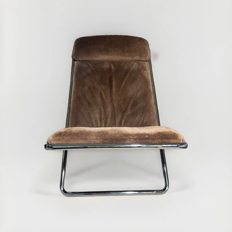 Silla de tijera vintage Ward Bennett MCM años 60 OG marrón gamuza y cromo Foto 2 de 4