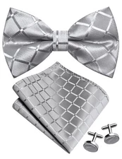 Plaid Light Grey Bow Tie Pocket Square Set for Men Checkered Pre-Tied Bowties...