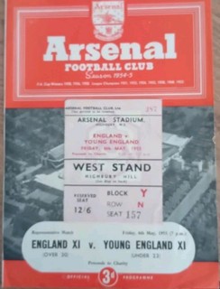 Arsenal Highbury Programme & Ticket England XI v Young England XI 6 May 1955