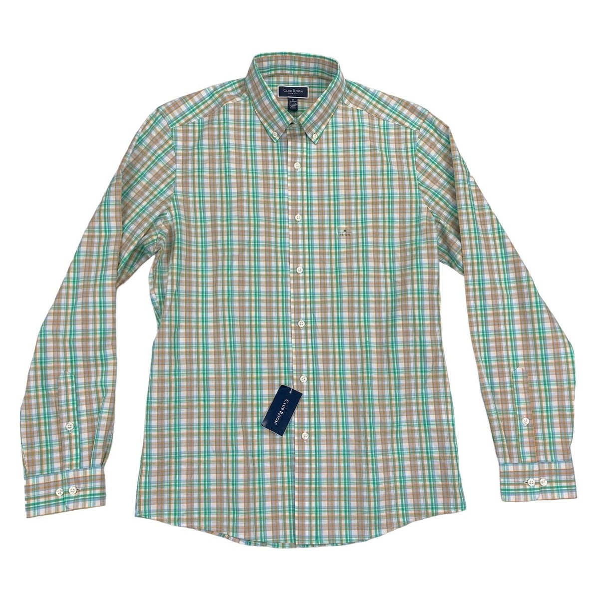 Club Room Mens Slim Fit 4-Way Stretch Plaid Dress Shirt Orange Green M  15-15.5 | eBay