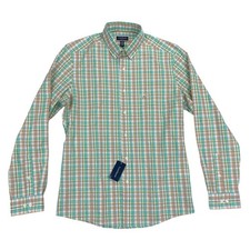 Club Room Mens Slim Fit 4-Way Stretch Plaid Dress Shirt Orange Green M 15-15.5