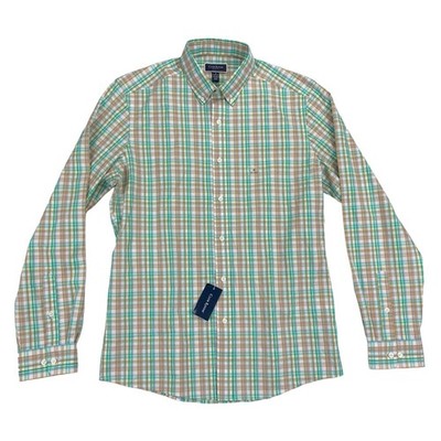 Club Room Mens Slim Fit 4-Way Stretch Plaid Dress Shirt Orange Green M  15-15.5 | eBay