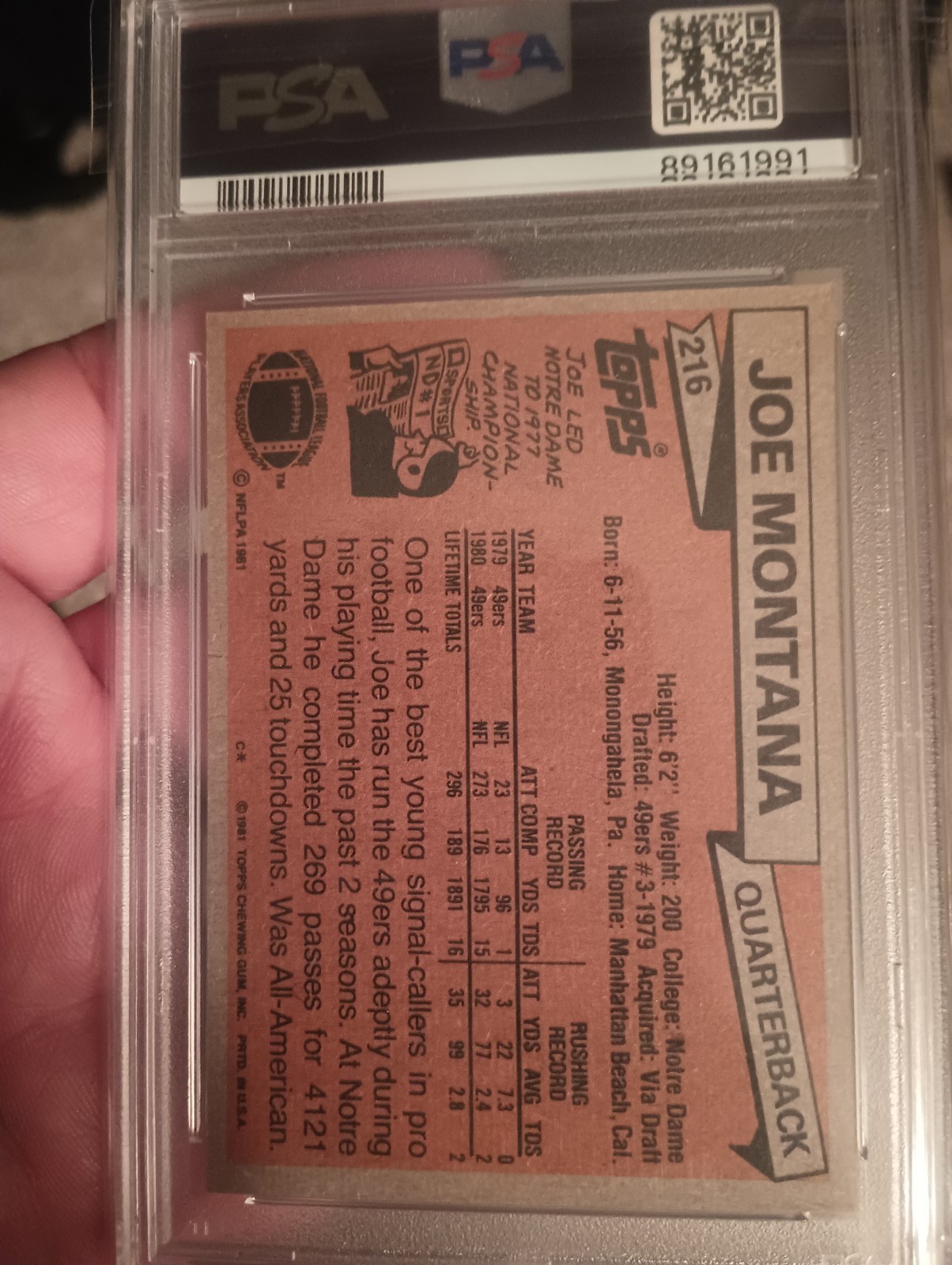 1981 Topps Joe Montana RC HOF #216 PSA NM 7 San Francisco 49ers view 2