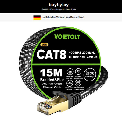 Cat 8 Ethernet Kabel 15m 40Gbps Flach S/FTP RJ45 für PS4/PS5