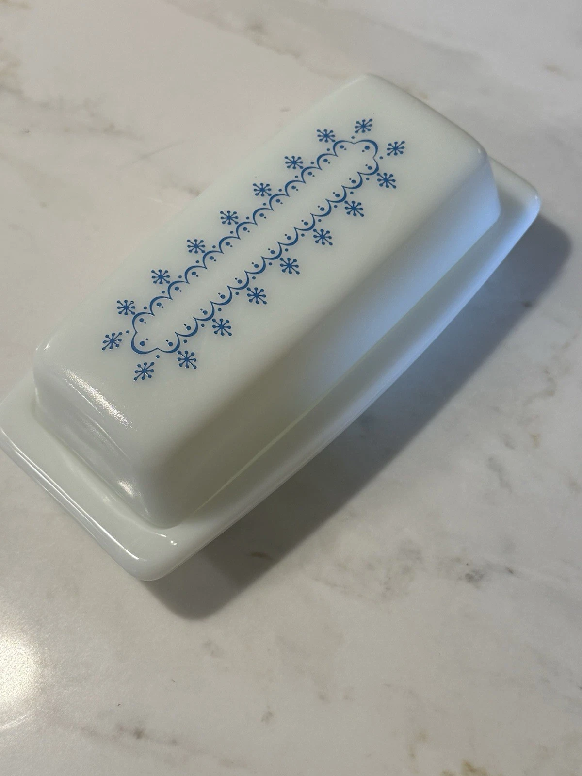 Vintage Pyrex Butter Dish White Milk Glass Blue Snowflake Garland No Chips