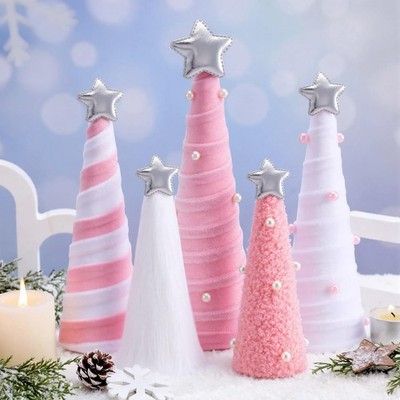 5 Pcs Pink White Velvet Christmas Cone Tree Table Decoration Modern Xmas Tree...
