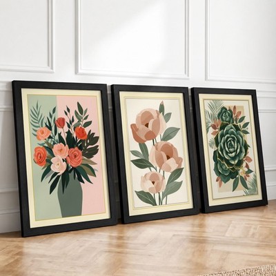 Rose Study Botanical 3er Set gerahmte Wandbilder Wohndeko fertig zum Aufhängen