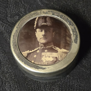 Round Metal Snuff Box w/ Portrait Photo Lid Insert, Marked “HELLICOE” “DUNN’S”