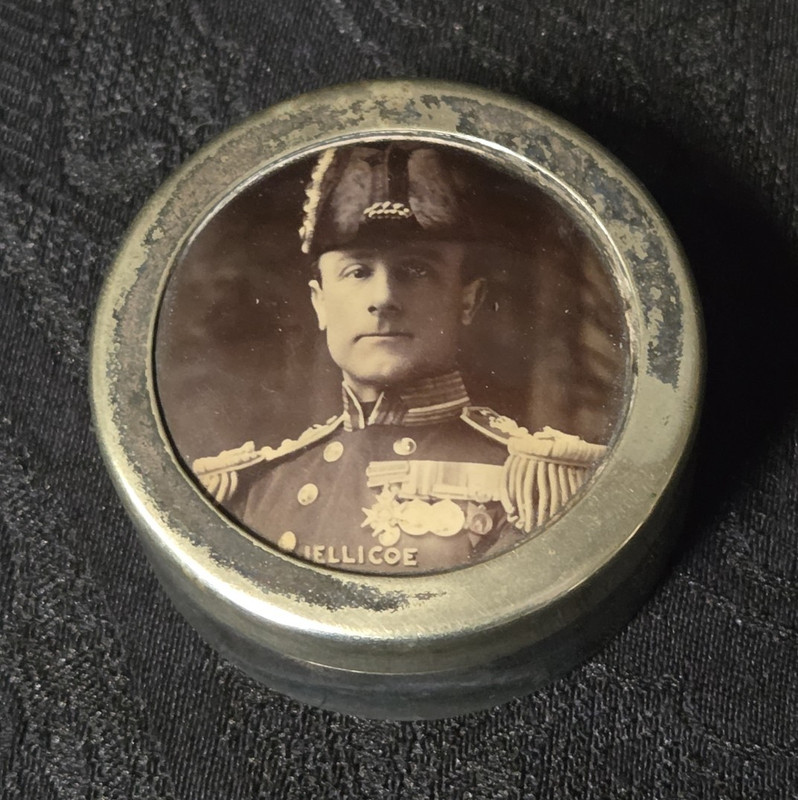 Round Metal Snuff Box w/ Portrait Photo Lid Insert, Marked “HELLICOE” “DUNN’S”