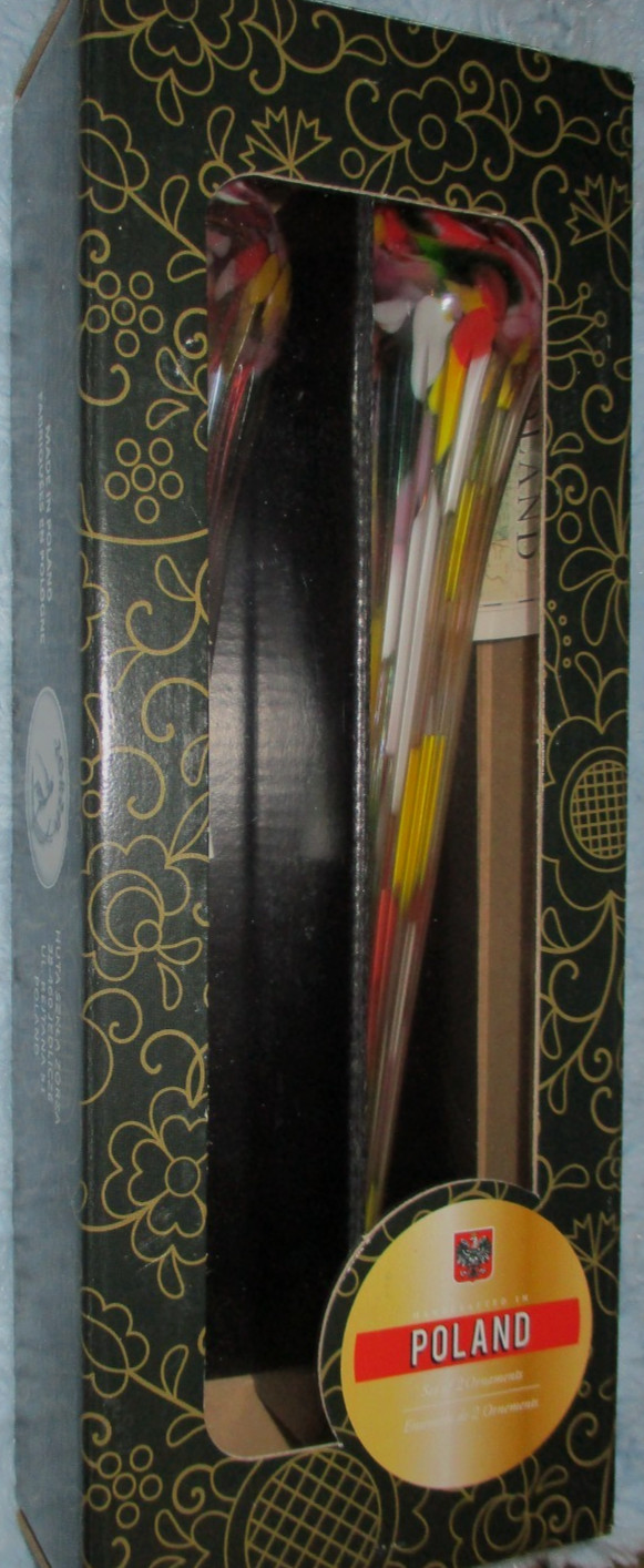 Poland Zorza Heavy Stretch Blown Glass 10" Icicle Christmas Ornaments Set/2 NIB