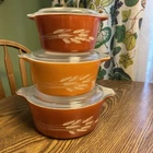 Set of 3 Vintage Pyrex Autumn Harvest Wheat Casserole Dishes w/ Pyrex Lids