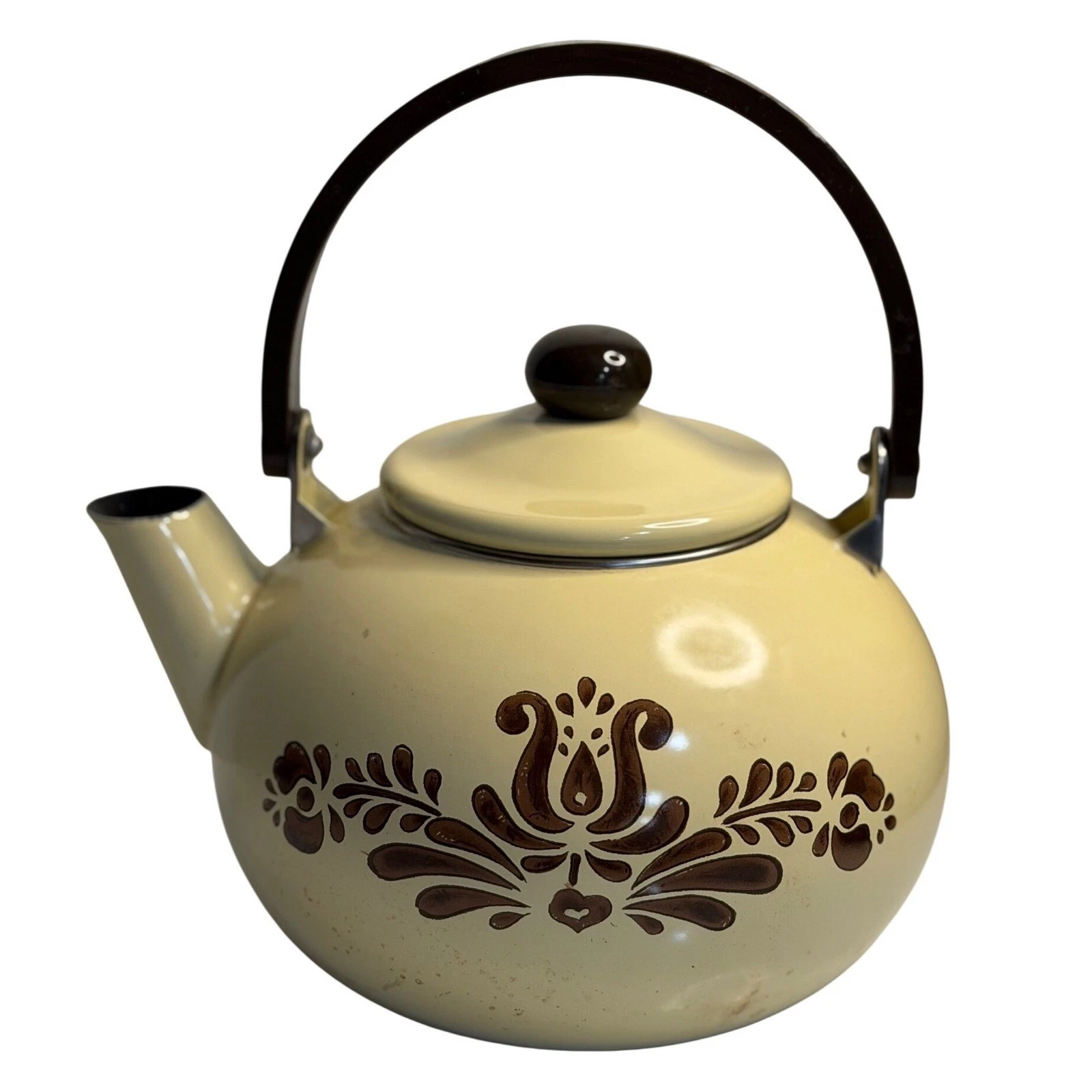 VTG Pfaltzgraff Village Kettle Enameled Metal Tea Pot Tan Brown Folk Art Floral