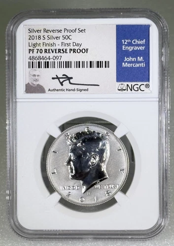 2018 S 50C REVERSE PROOF SILVER KENNEDY HALF NGC PF70 LIGHT FINISH FDI MERCANTI