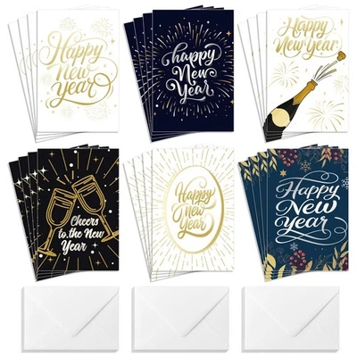 Frelimiu Happy New Year Cards with Envelopes,24 Pack Boxed Set,Classic Foil H...