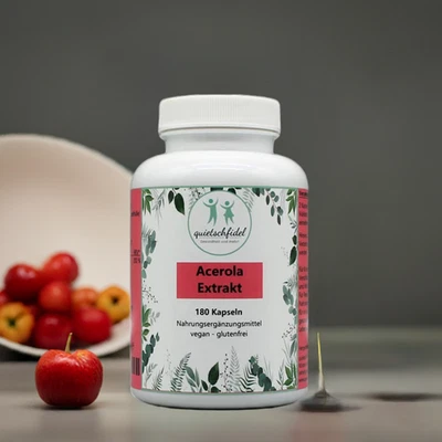 QUIETSCHFIDEL GESUNDHEIT UND MEHR GMBH Natürliches Vitamin C Acerola Extrakt 180 Kapseln MHD 03/2026