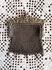 French Antique Silver Mesh Coin Purse 1900s Mistletoe Chatelaine Used
