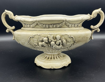 Vtg Italian Pedestal Planter Vase Cherubs Handles Neoclassical Hollywood Regency