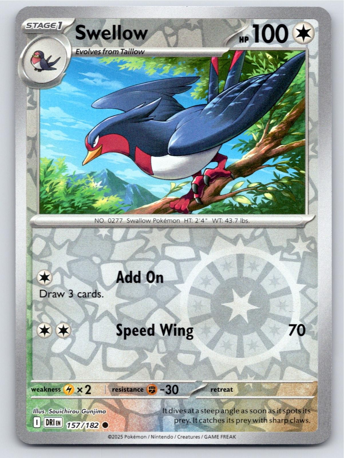 2025 POKEMON SWELLOW DESTINED RIVALS 157/182 REVERSE HOLO C NM A55403 FREE S&H