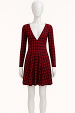 Reformation Mini Red Black Plaid Checked Long Sleeves V-neck Dress Women’s S