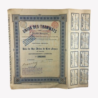 1900 Union des Tramways Belgium Brussel Share Bond Certificate - Numismatics