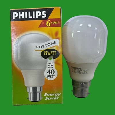 1x 8W (=40W) Philips T60 Low Energy Energiespar CFL Glühbirnen BC B22 Lampen