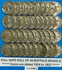 FULL DATE Buffalo Nickels Lot Roll of 40 Coins Dated from 1924 to 1937 ~ #467L