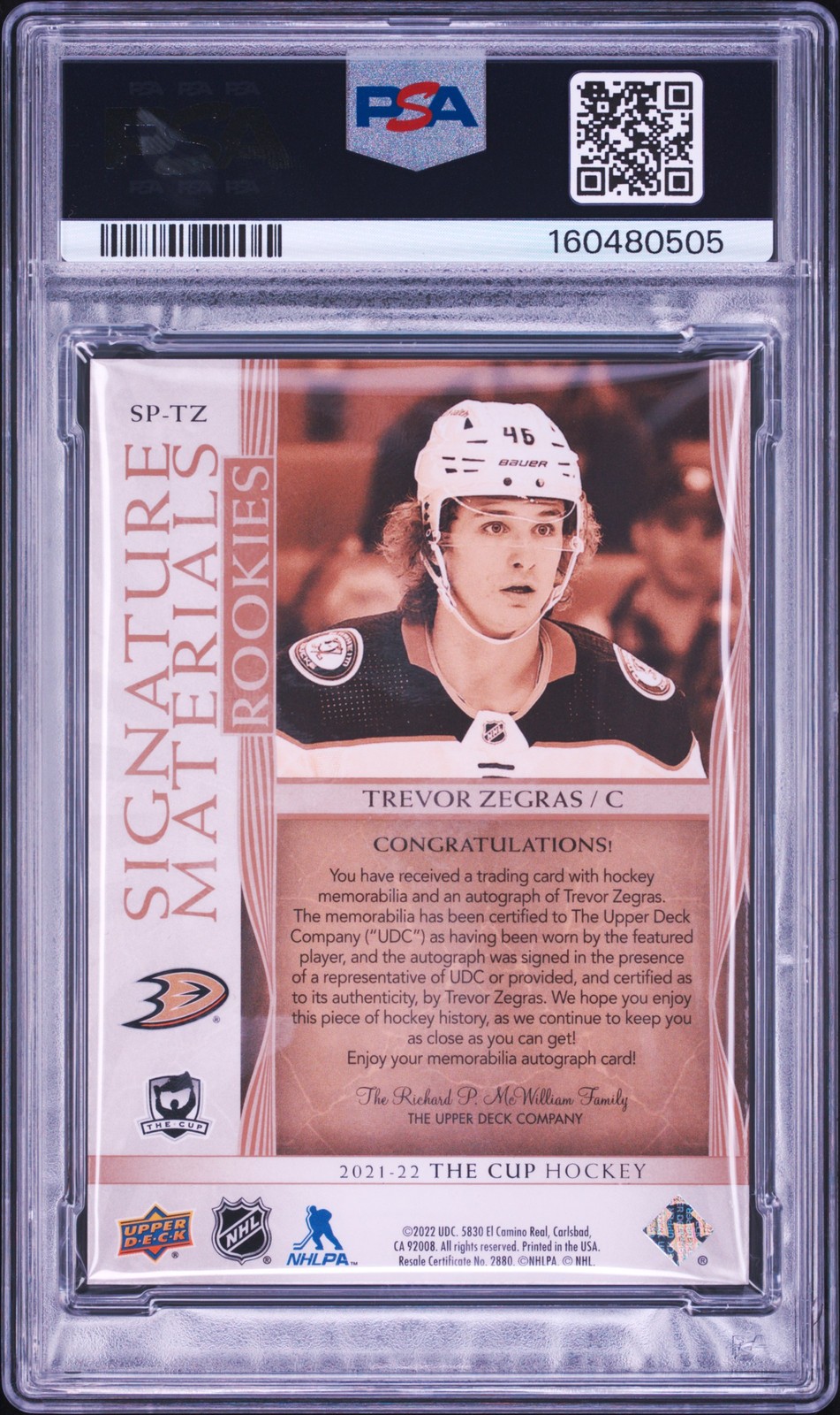 2021 UD THE CUP SIGNATURE MATERIALS #SPTZ TREVOR ZEGRAS ROOKIE /99 PSA 8 AUTO 9 view 2