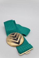 Vintage Charmant Stretch Belt Gold Enamel Buckle Green Elastic Art Deco 70s