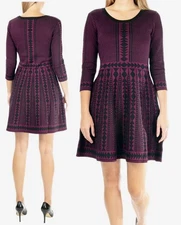 NWT Nina Leonard Women's Geometric Fit & Flare Knit Dress Black & Wine Size XL