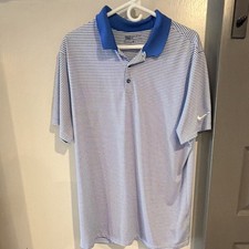Nike Golf Dri-Fit Men's XL Blue/White Striped Golf Polo Short Sleeve Logo