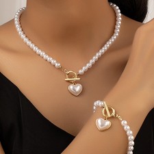 Elegant Imitation Pearl Heart Necklace  Bracelet Set - Classic Women's Jewelry
