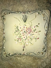 Vintage Velour Throw Pillow Embroidered Flowers Approx. 14 x 14 x 5 Beige/Cream