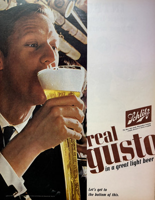 1965 Schlitz Beer Gusto Milwaukee Famous Great Light Tastes Good VTG Print Ad