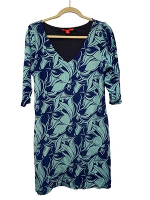 Nicola Antoni Floral Print Womens 3/4 Sleeve V-Neck Dress Size L Blue & Green