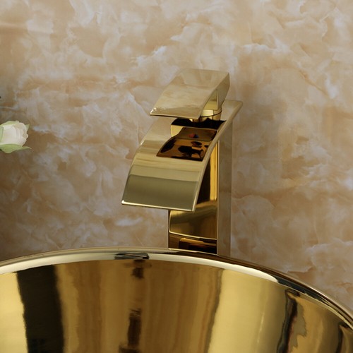 Lavabo bagno rotondo lavabo ceramica oro mobile lavabo ponte rubinetto scarico ottone - Foto 7 di 13