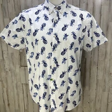 Crown And Ivy Shirt Men's Size L White With Blue Pineapples Short Sleeves Button
