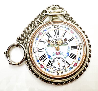 Moeris Swiss Grands Prix Large Pocket Watch 17 Jewels Farmer Cow