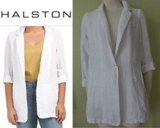 NWT H HALSTON White 100 Linen Roll-Up Sleeve Boyfriend Blazer w/pockets Size S