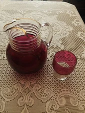 Anchor Hocking pitcher and 6 glasses Cranberry Rose With Gold Trim. 50’s-60’s