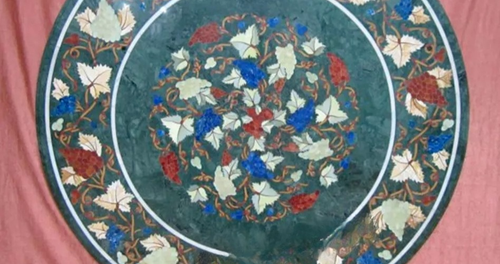 24" Multi Gemstones Inlay Coffee Table Top Green Round Marble Garden Table Decor - Picture 4 of 8