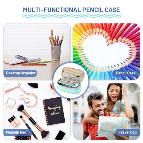 Large Capacity Pencil Case Pouch with Zipper, Portable Aesthetic Cute Big Cyan - Foto 5 di 6