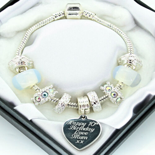ENGRAVED Jewellery Charm Bracelet Clear Beads Personalised Christmas Gifts Boxed - Afbeelding 1 van 5