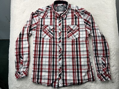 BKE Vintage Shirt Mens XL Relaxed Fit Red/Black Plaid Pearl Snap Western Preppy