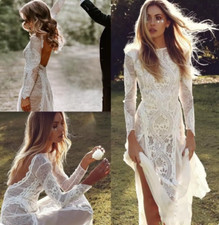 Lace Open Back Wedding Dresses Mermaid Modest High Split Long Sleeve Backless