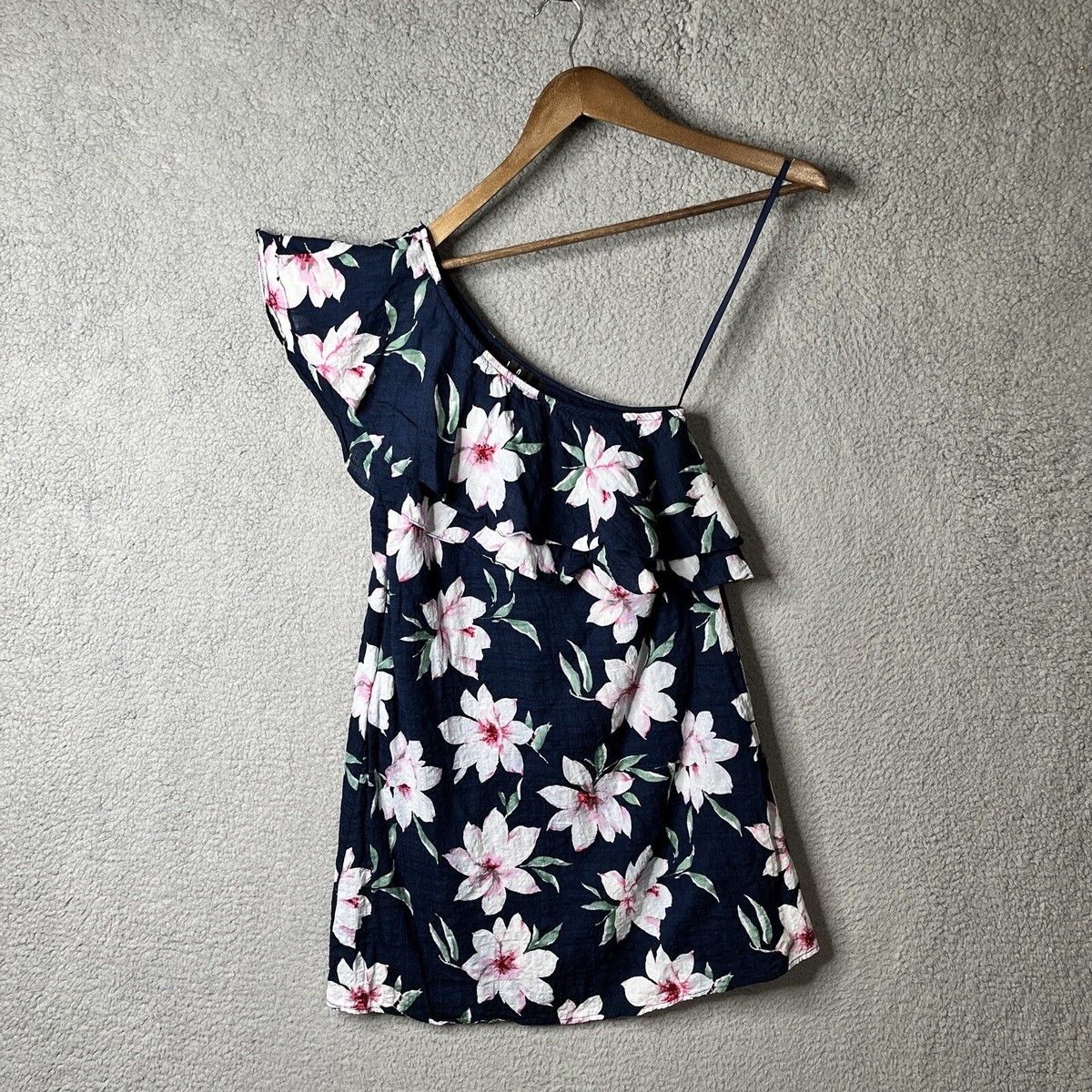 Lulus Womens Dress Extra Small Blue Floral Undiscovered Island One Shoulder  Line